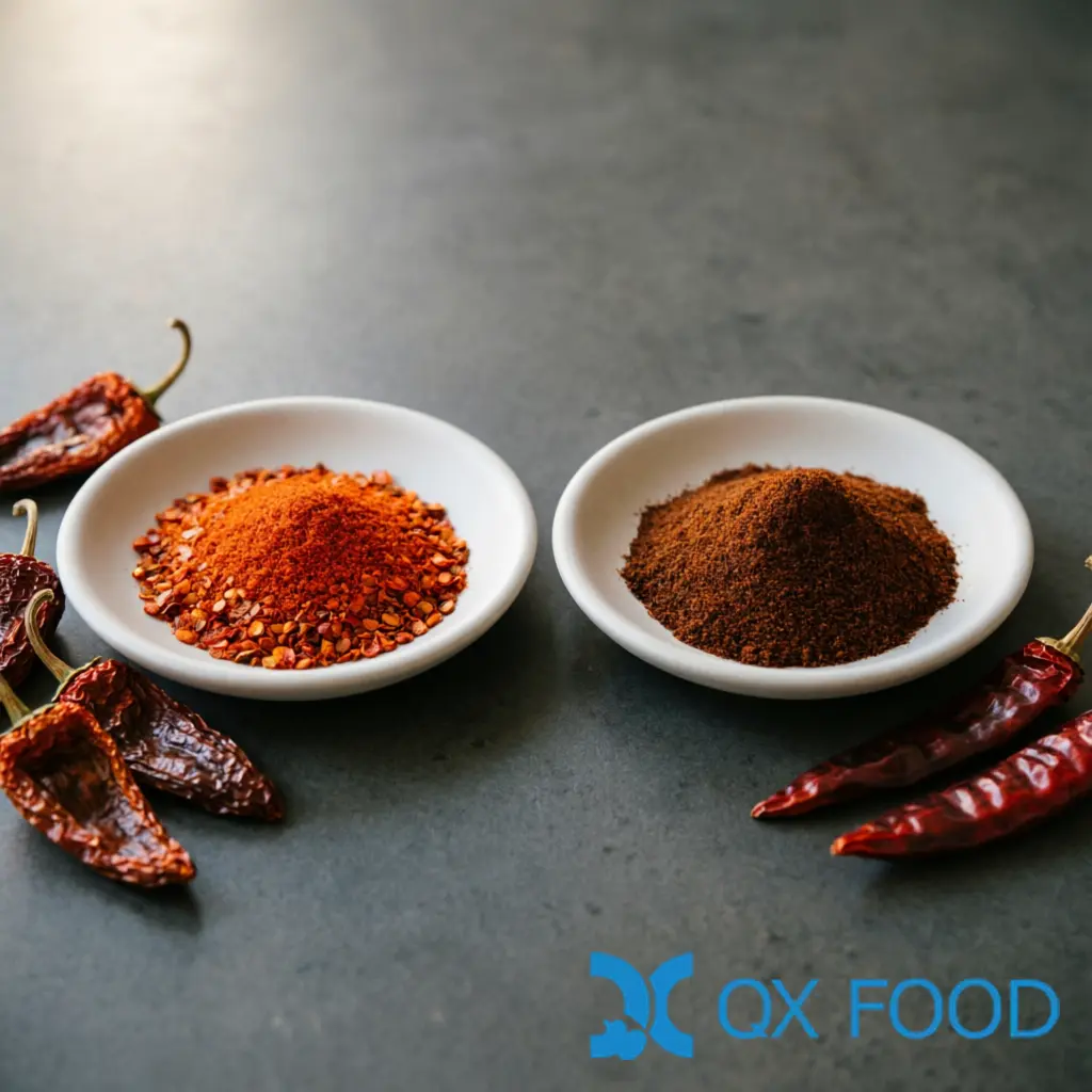 Side-by-side comparison of bright red-orange paprika and darker brown-red chili powder in white ceramic dishes on dark surface
