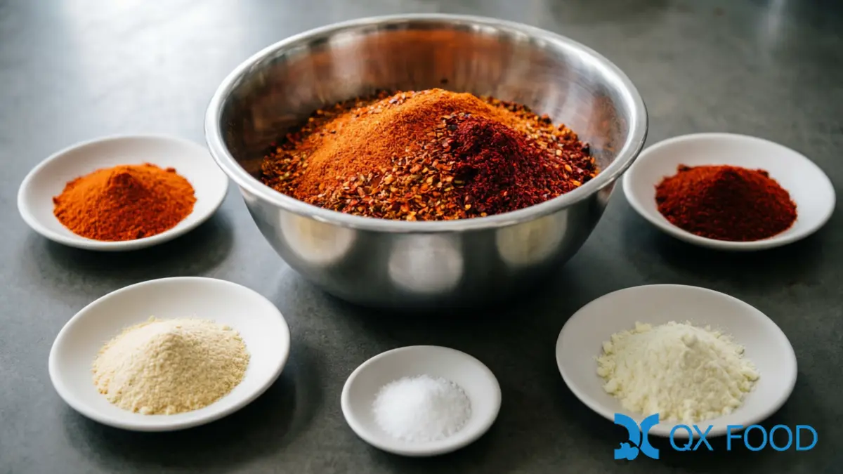 Paprika vs chili powder seasoning blend in stainless steel bowl for B2B manufacturing