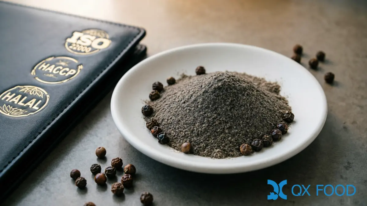 Hainan Black Pepper Powder BPP-K36 ; Low-Temperature Milled, GB/T 7901 for Food Manufacturing | QXFOOD 5 Quality documentation folder and ISO HACCP HALAL certificate seals beside black pepper powder sample in white ceramic dish on dark industrial desk with peppercorns scattered