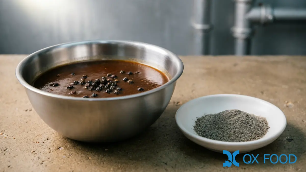 Hainan Black Pepper Powder BPP-K36 ; Low-Temperature Milled, GB/T 7901 for Food Manufacturing | QXFOOD 4 Soup or sauce in stainless steel bowl with visible black pepper seasoning on surface beside black pepper powder sample dish on dark surface