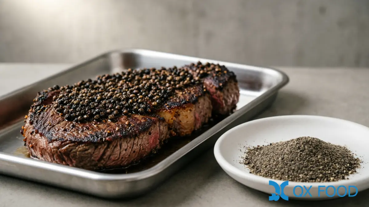 Hainan Black Pepper Powder BPP-K36 ; Low-Temperature Milled, GB/T 7901 for Food Manufacturing | QXFOOD 3 Seasoned steak or meat with visible black pepper coating on stainless steel tray beside black pepper powder sample dish on dark surface