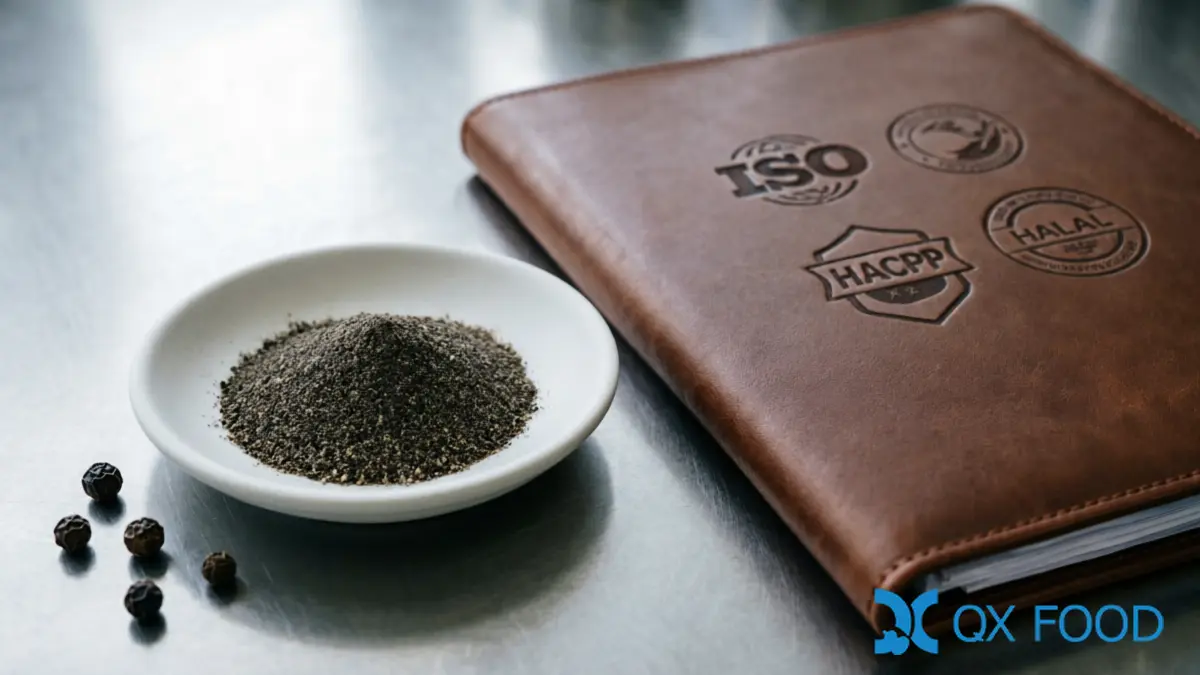 Pure Black Pepper Powder BPP-K45 ; 100% Ground, Fine Grind for Food Manufacturing | QXFOOD 5 Quality documentation folder and ISO HACCP HALAL certificate seals beside pure black pepper powder sample in white ceramic dish on dark industrial desk