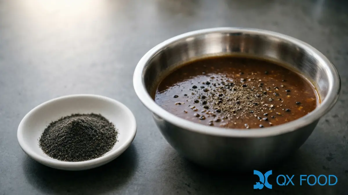 Pure Black Pepper Powder BPP-K45 ; 100% Ground, Fine Grind for Food Manufacturing | QXFOOD 4 Dark sauce or gravy in stainless steel bowl with visible black pepper powder specks dispersed through the liquid surface