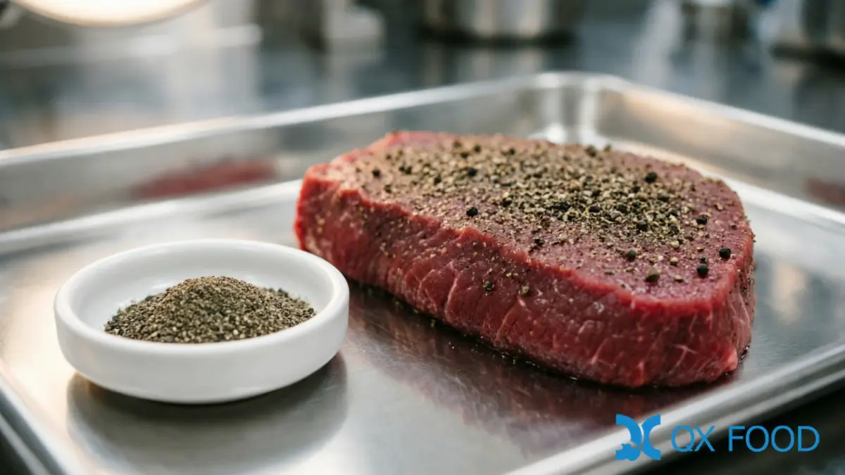 Pure Black Pepper Powder BPP-K45 ; 100% Ground, Fine Grind for Food Manufacturing | QXFOOD 3 Raw steak coated with black pepper powder dry rub on stainless steel tray showing visible dark pepper specks on meat surface