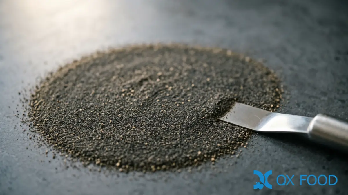 Pure Black Pepper Powder BPP-K45 ; 100% Ground, Fine Grind for Food Manufacturing | QXFOOD 2 Macro close-up of pure black pepper powder texture showing dark grey-black color with lighter speckles on dark surface with laboratory spatula at edge