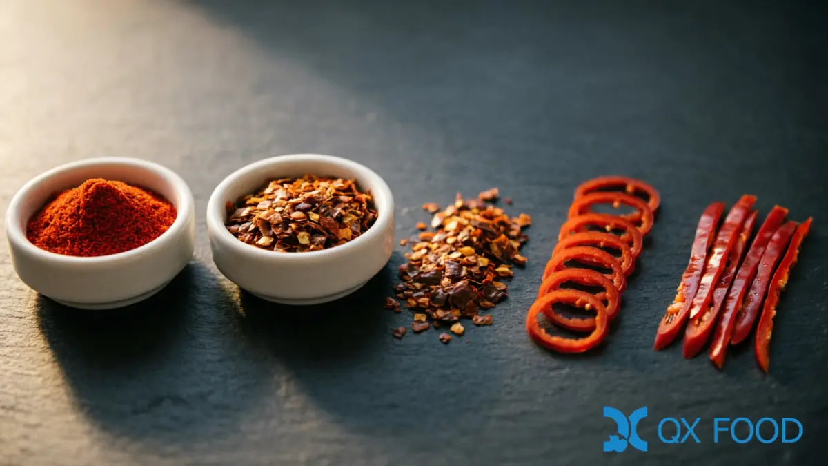 Chili Processing Guide for B2B Food Manufacturers — Drying Methods, Seven Chili Forms, and Supplier Questions 6 Chili cutting specifications -- fine powder, crushed, flakes, rings, and strips arranged in comparison