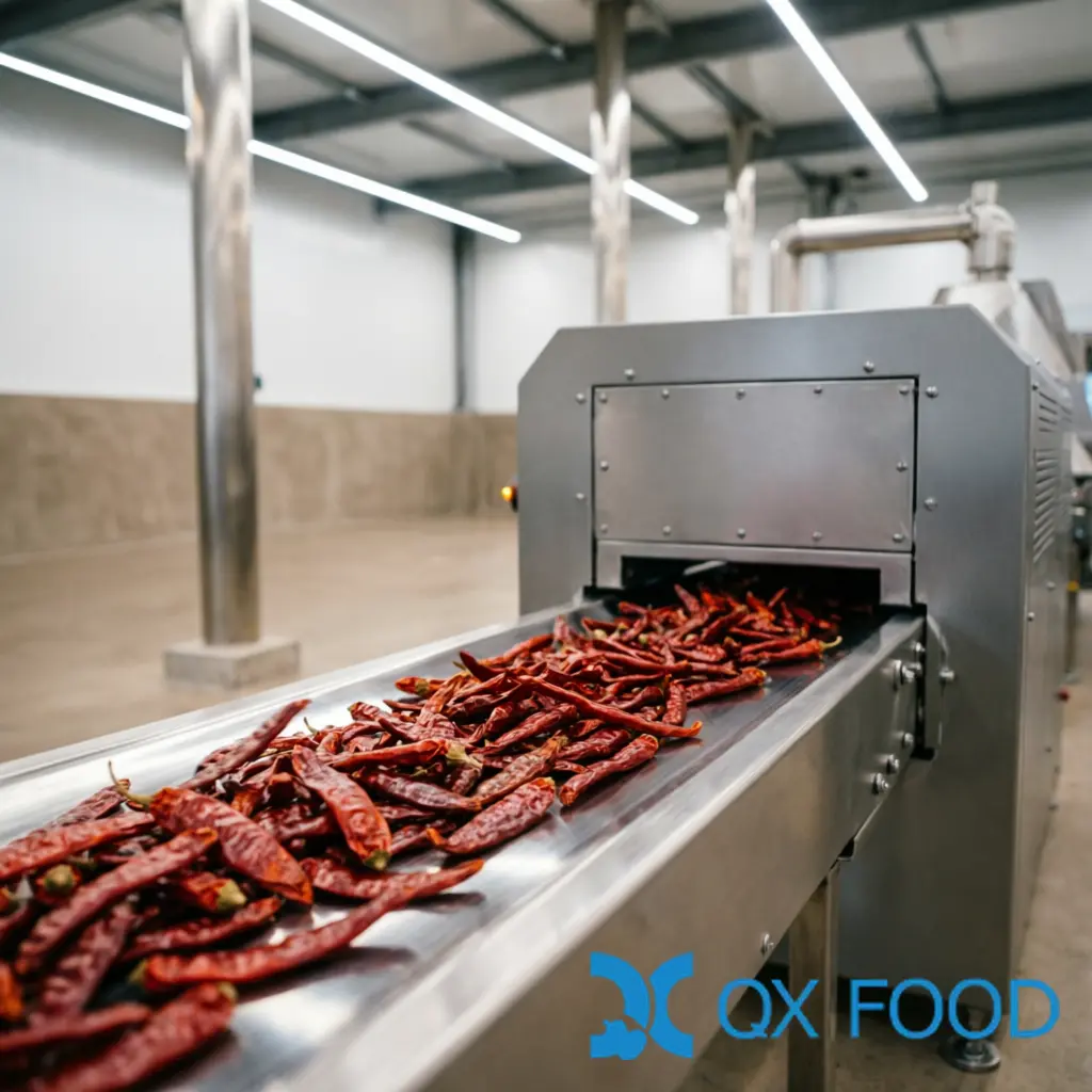 Chili Processing Guide for B2B Food Manufacturers — Drying Methods, Seven Chili Forms, and Supplier Questions 2 Chili processing line -- dried chilies moving through industrial cutting and grinding equipment
