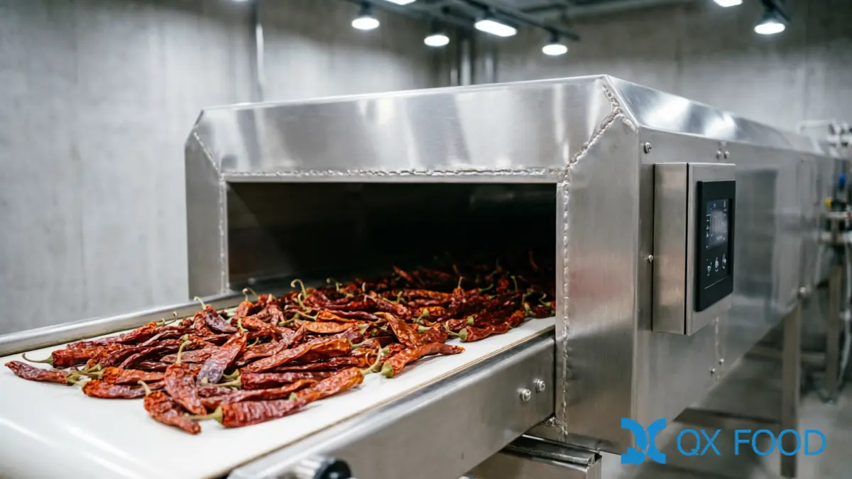 Chili Processing Guide for B2B Food Manufacturers — Drying Methods, Seven Chili Forms, and Supplier Questions 4 Modern chili dehydration equipment -- industrial drying tunnel with temperature controls