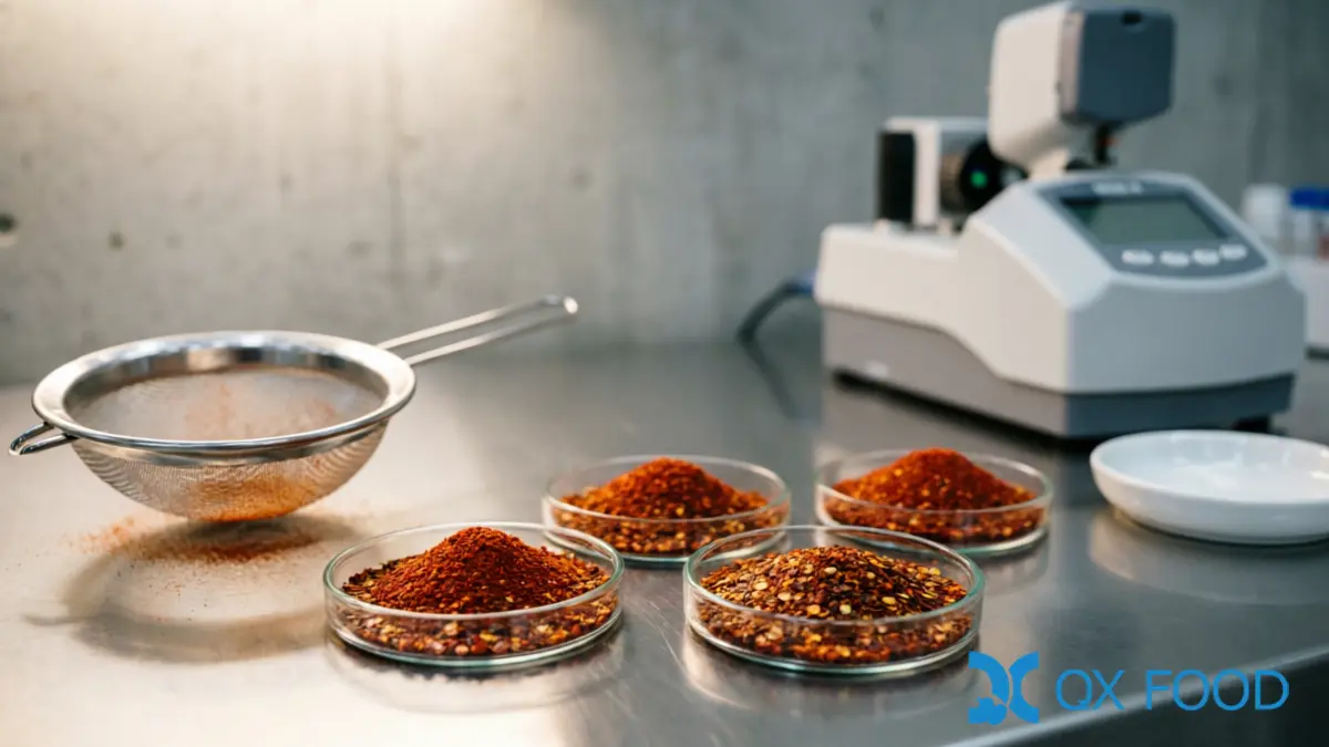 Chili Processing Guide for B2B Food Manufacturers — Drying Methods, Seven Chili Forms, and Supplier Questions 5 Chili quality control -- inspector checking particle size and color of processed chili in laboratory