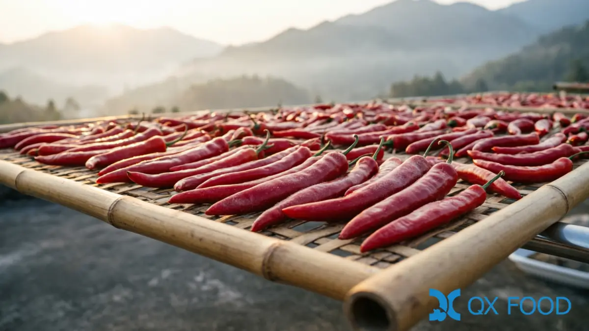 Chili Processing Guide for B2B Food Manufacturers — Drying Methods, Seven Chili Forms, and Supplier Questions 3 Chili peppers sun-drying on elevated bamboo racks at a Chinese farm -- traditional clean method