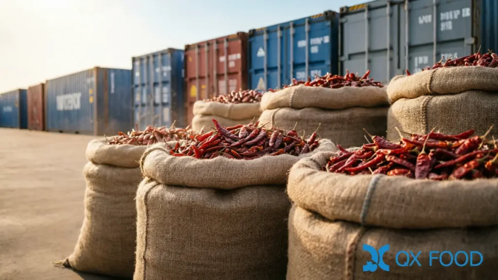 chili-sourcing-global-trade Global chili trade -- shipping containers and dried chili sacks at an export port, international trade perspective