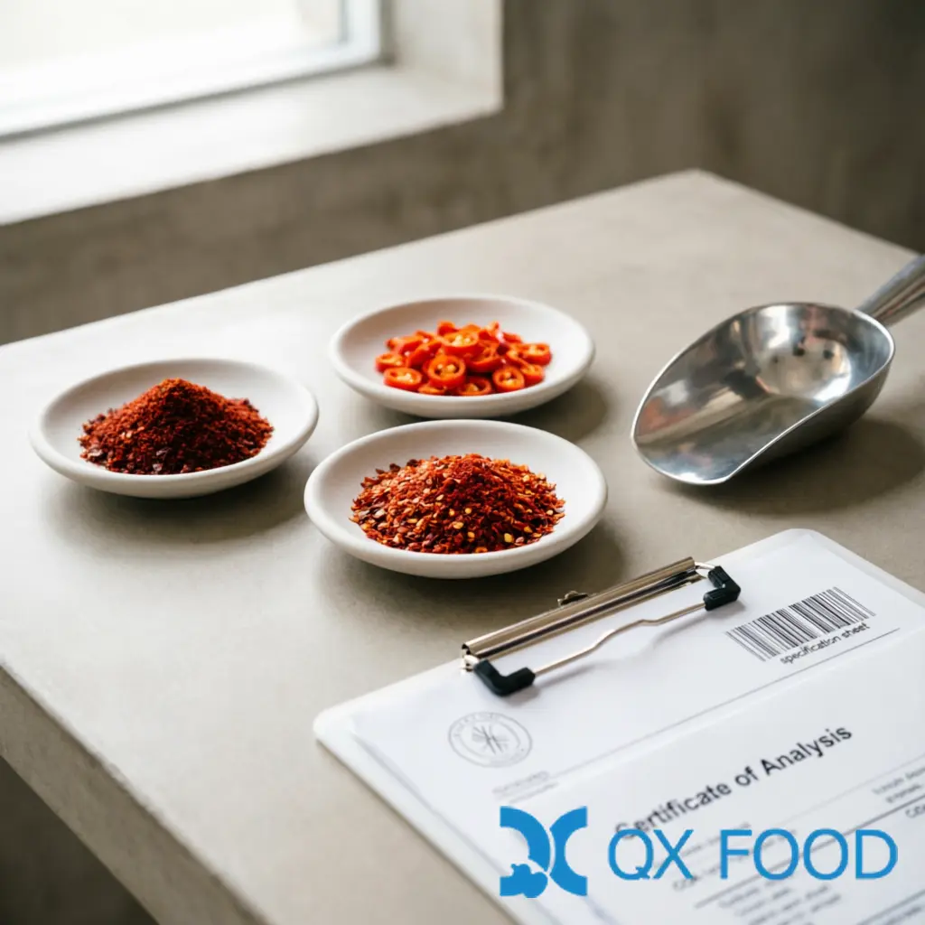Chili Sourcing Guide for B2B Buyers — Global Trade, Quality Standards, Certifications, and the Full Sourcing Checklist 2 Chili sourcing guide -- dried chili samples with specification documents and certificates on a desk