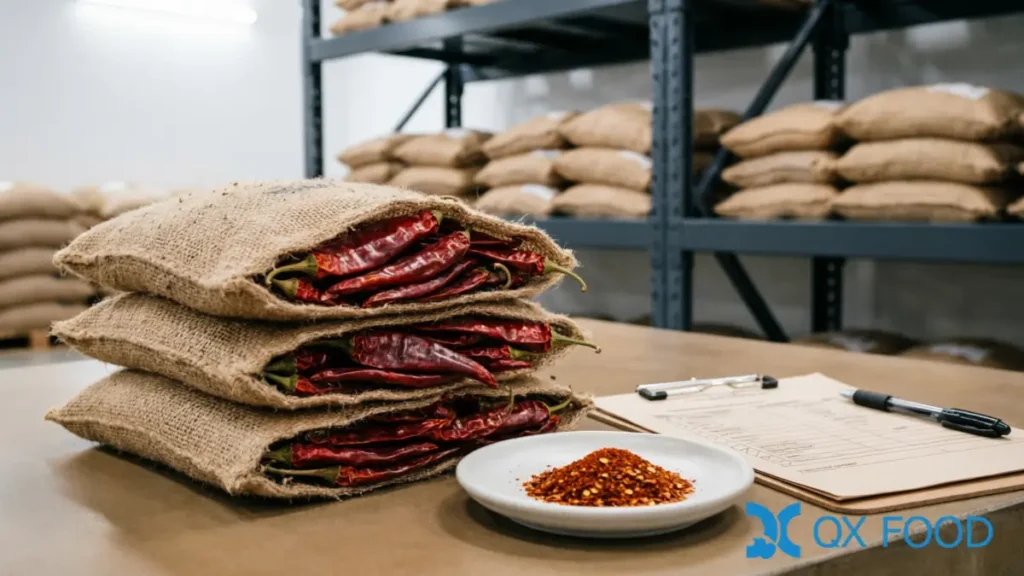 chili-sourcing-inspection Chili container inspection at warehouse -- buyer checking dried chili sacks against specification on arrival