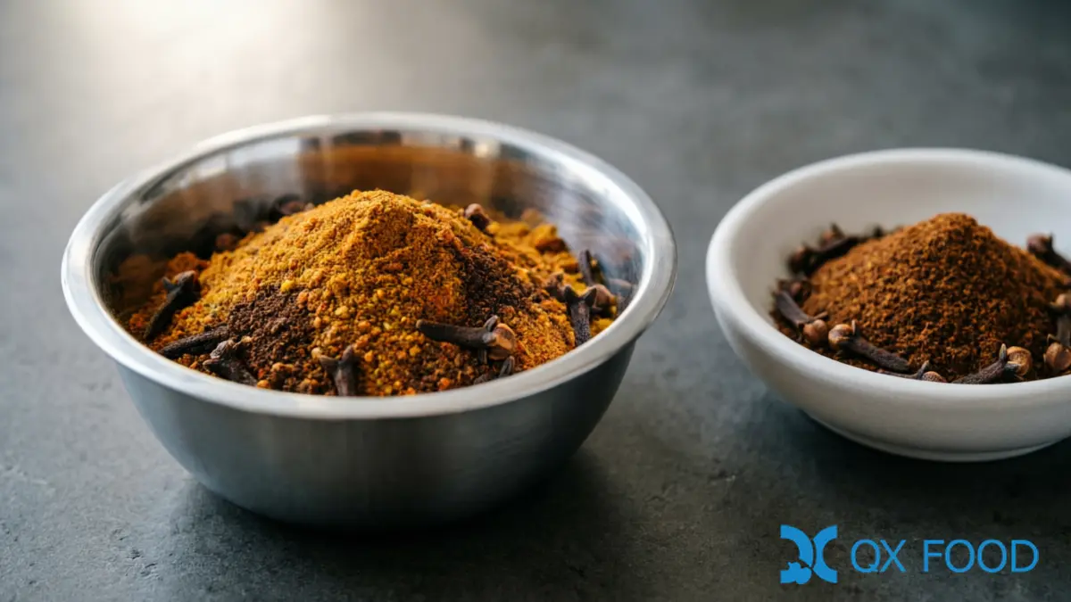 Mixed curry powder or spice blend containing clove powder in stainless steel bowl with whole spices on dark industrial surface beside clove powder sample dish