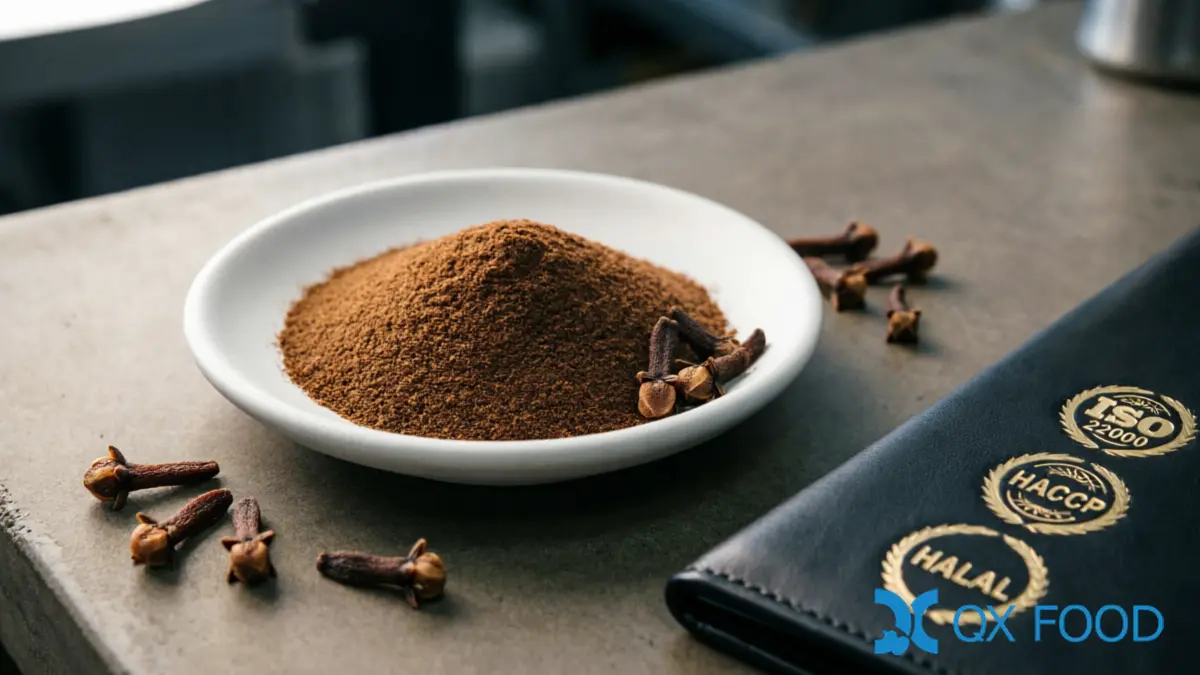 Quality documentation folder and ISO HACCP HALAL certificate seals beside clove powder sample in white ceramic dish on dark industrial desk with whole clove buds scattered