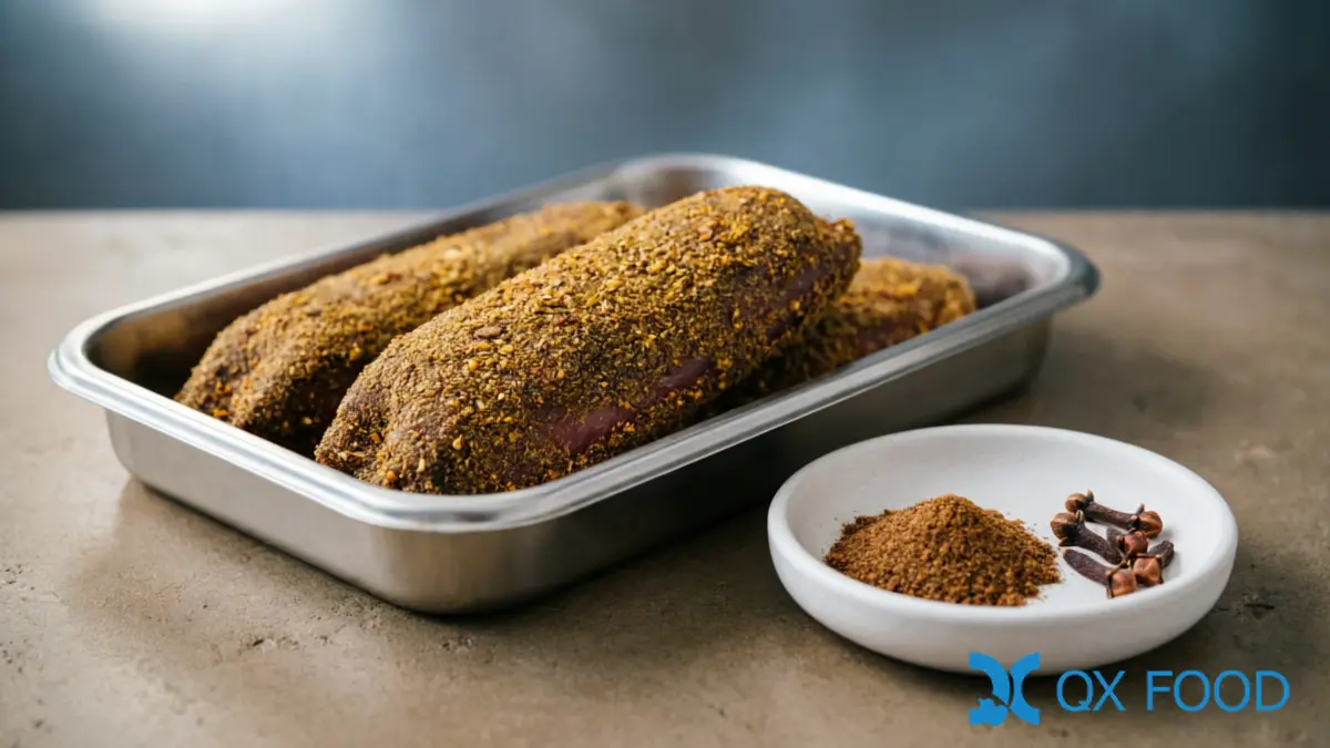 Cured sausage or seasoned meat on stainless steel tray with visible spice coating beside clove powder sample dish and whole clove buds on dark surface