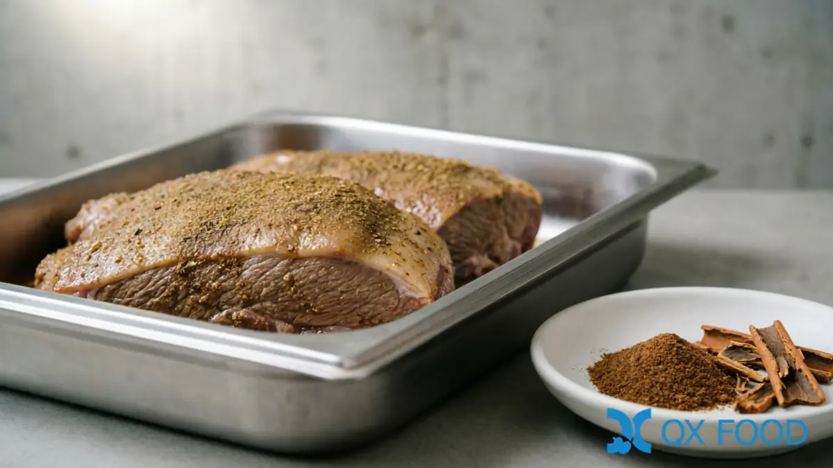 Braised or seasoned meat on stainless steel tray with visible spice blend coating beside cassia powder sample dish and cassia bark pieces on dark surface