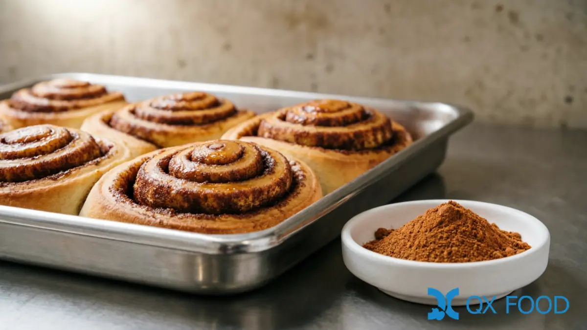 Freshly baked cinnamon rolls with visible cassia powder swirl filling on stainless steel tray beside cassia powder sample dish on dark surface