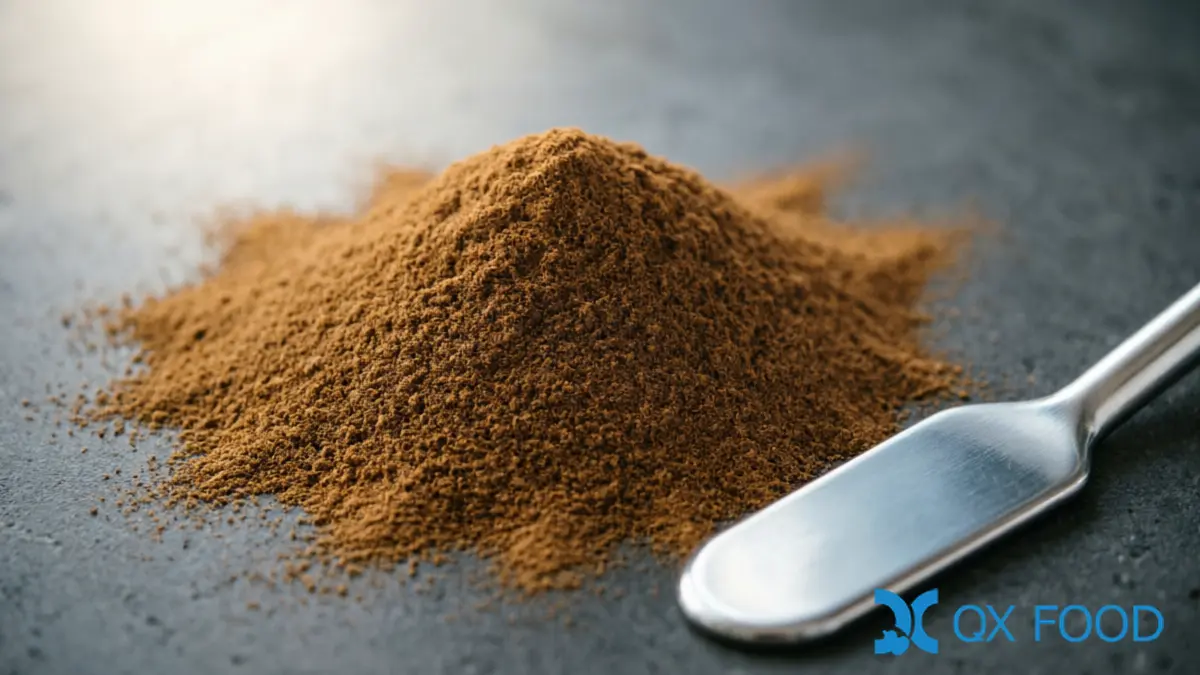 Macro close-up of cassia powder texture showing rich brown color with fine uniform particles on dark surface with laboratory spatula