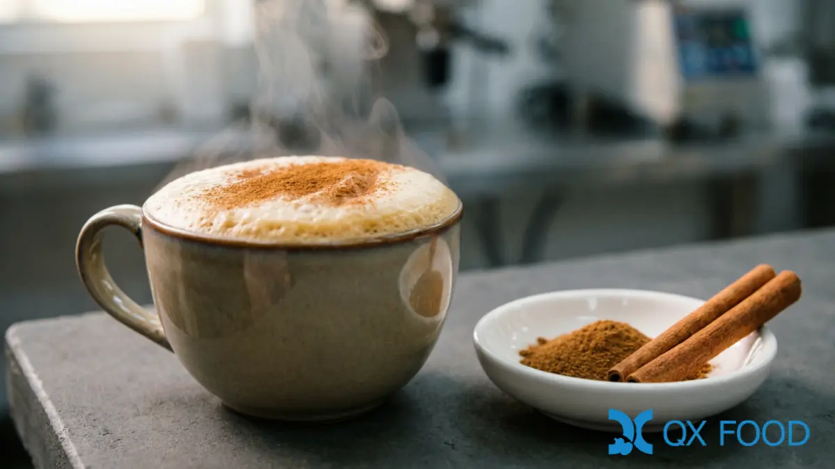 Hot beverage cup or glass with cinnamon powder visible on surface beside cinnamon powder sample dish and cinnamon sticks on dark industrial surface