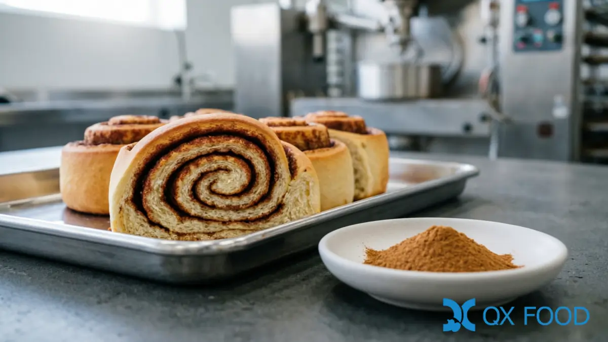 Freshly baked cinnamon rolls with visible cinnamon powder swirl filling on stainless steel tray beside cinnamon powder sample dish on dark industrial surface