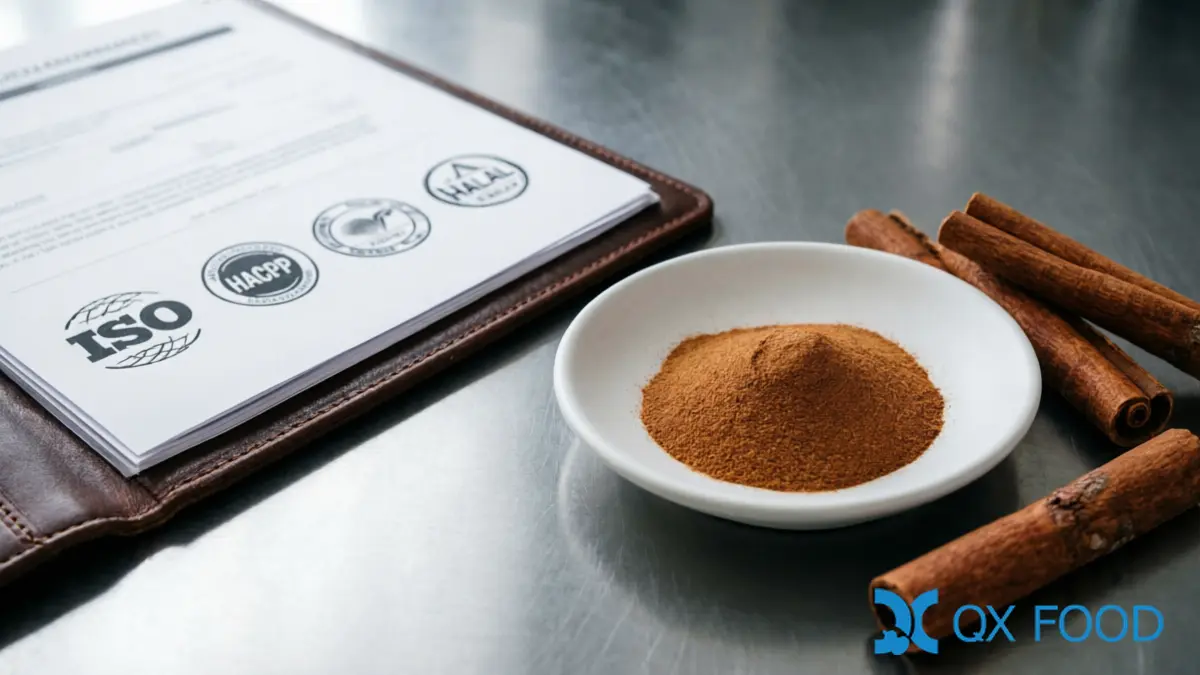 Quality documentation folder and ISO HACCP HALAL certificate seals beside pure cinnamon powder sample in white ceramic dish on dark industrial desk with cinnamon sticks scattered