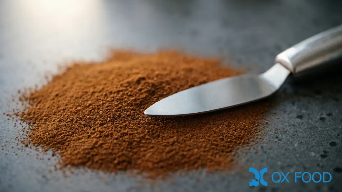 Macro close-up of pure cinnamon powder texture showing rich reddish-brown color with fine uniform particles on dark surface with laboratory spatula at edge