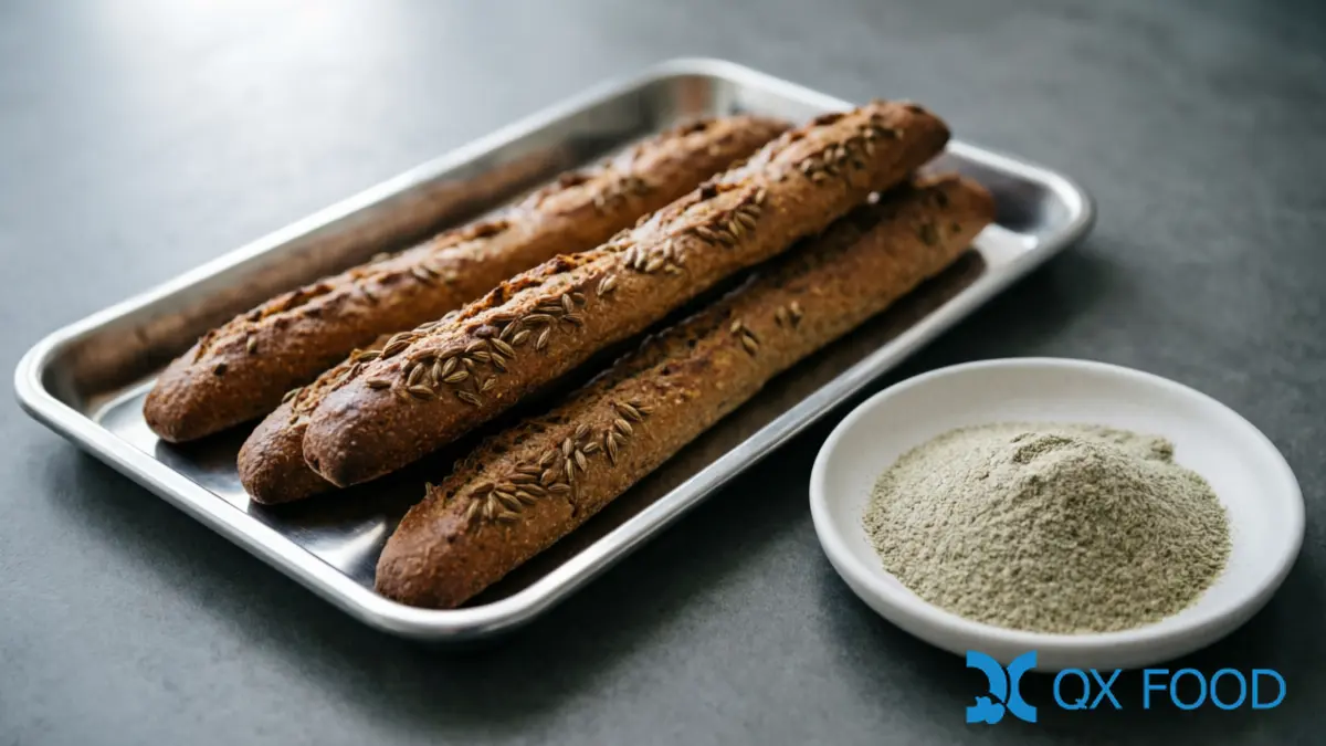 Freshly baked fennel-spiced bread or grissini on stainless steel tray beside fennel powder sample dish on dark industrial surface