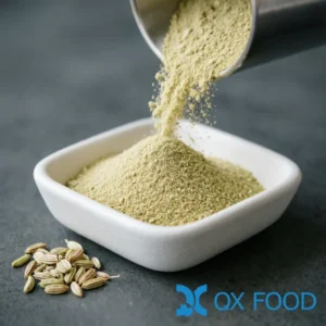 Fennel powder FP-B01 pale greenish-tan fine powder in white ceramic sample dish on dark surface with whole fennel seeds scattered nearby