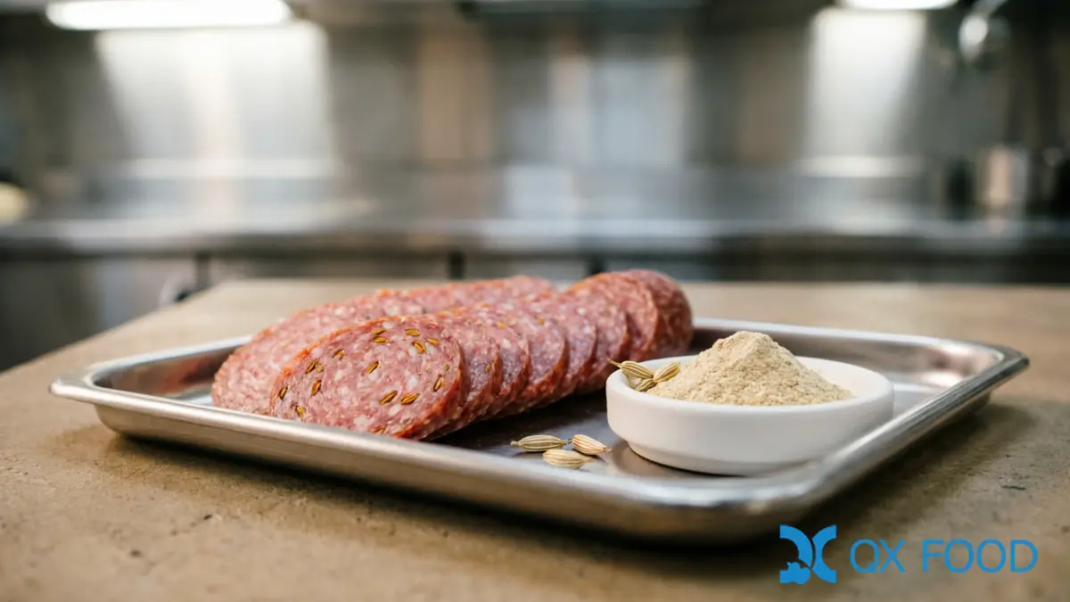 Italian sausage cross-sections on stainless steel tray showing fennel powder seasoning specks beside fennel powder sample dish and whole fennel seeds on dark surface
