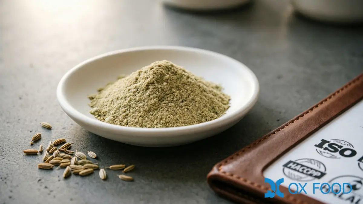 Quality documentation folder and ISO HACCP HALAL certificate seals beside fennel powder sample in white ceramic dish on dark industrial desk with fennel seeds scattered