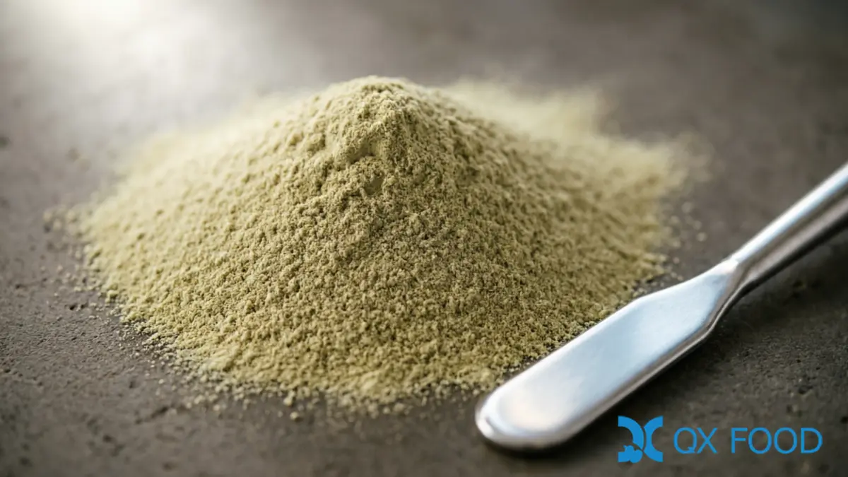 Macro close-up of fennel powder texture showing pale greenish-tan color with fine uniform particles on dark surface with laboratory spatula