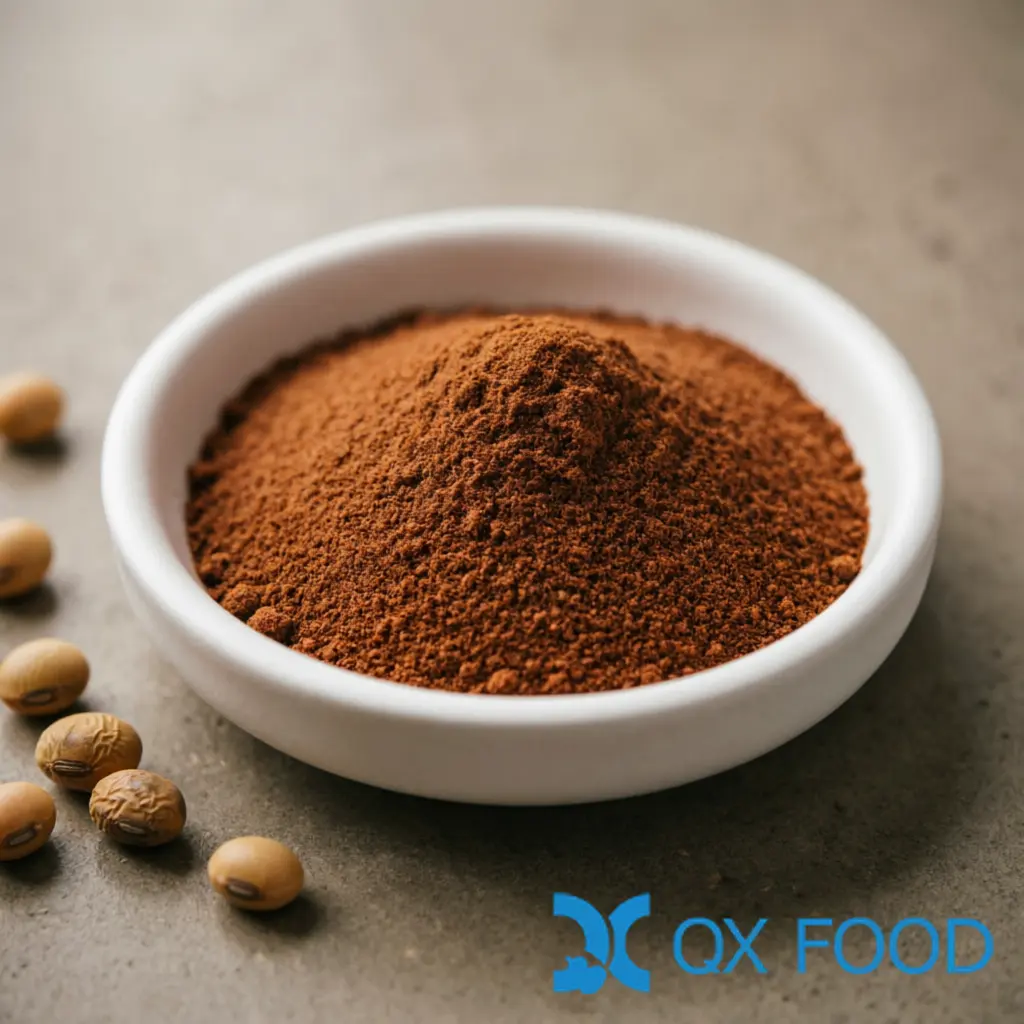 Japanese-Style Brewed Soy Sauce Powder FSP-BH ; High Nitrogen, Ester Aroma | QXFOOD 1 Japanese-style brewed soy sauce powder FSP-BH reddish-brown fine powder in white ceramic sample dish on stainless steel surface with soybeans scattered nearby
