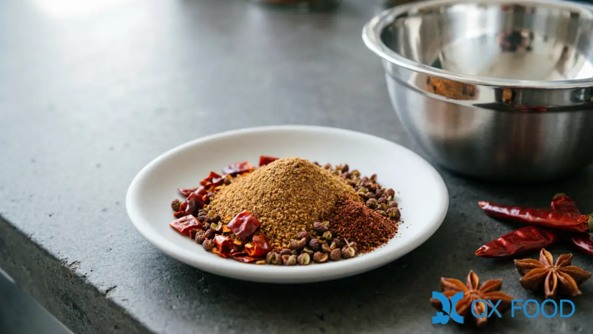 Japanese-Style Brewed Soy Sauce Powder FSP-BH ; High Nitrogen, Ester Aroma | QXFOOD 4 Dry hot pot base seasoning blend containing Japanese-style soy sauce powder in stainless steel bowl with whole spices visible on dark industrial surface