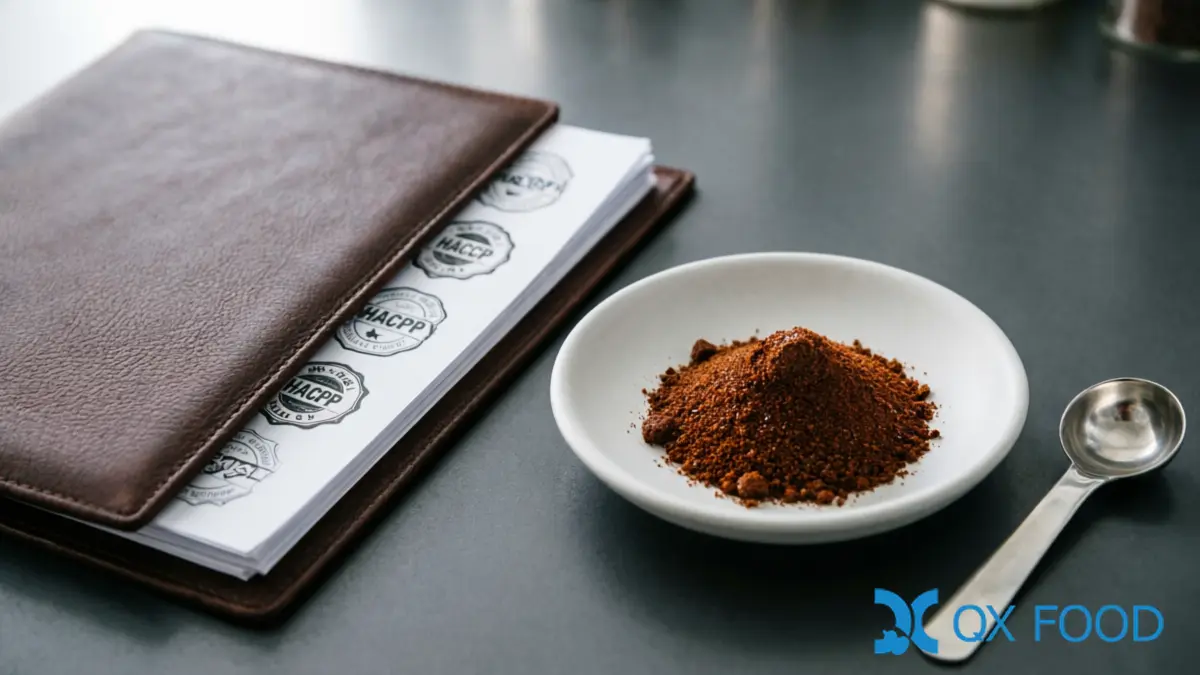 Japanese-Style Brewed Soy Sauce Powder FSP-BH ; High Nitrogen, Ester Aroma | QXFOOD 5 Quality documentation folder and certificate seals for ISO22000 HACCP HALAL certification beside Japanese-style brewed soy sauce powder sample on dark industrial desk