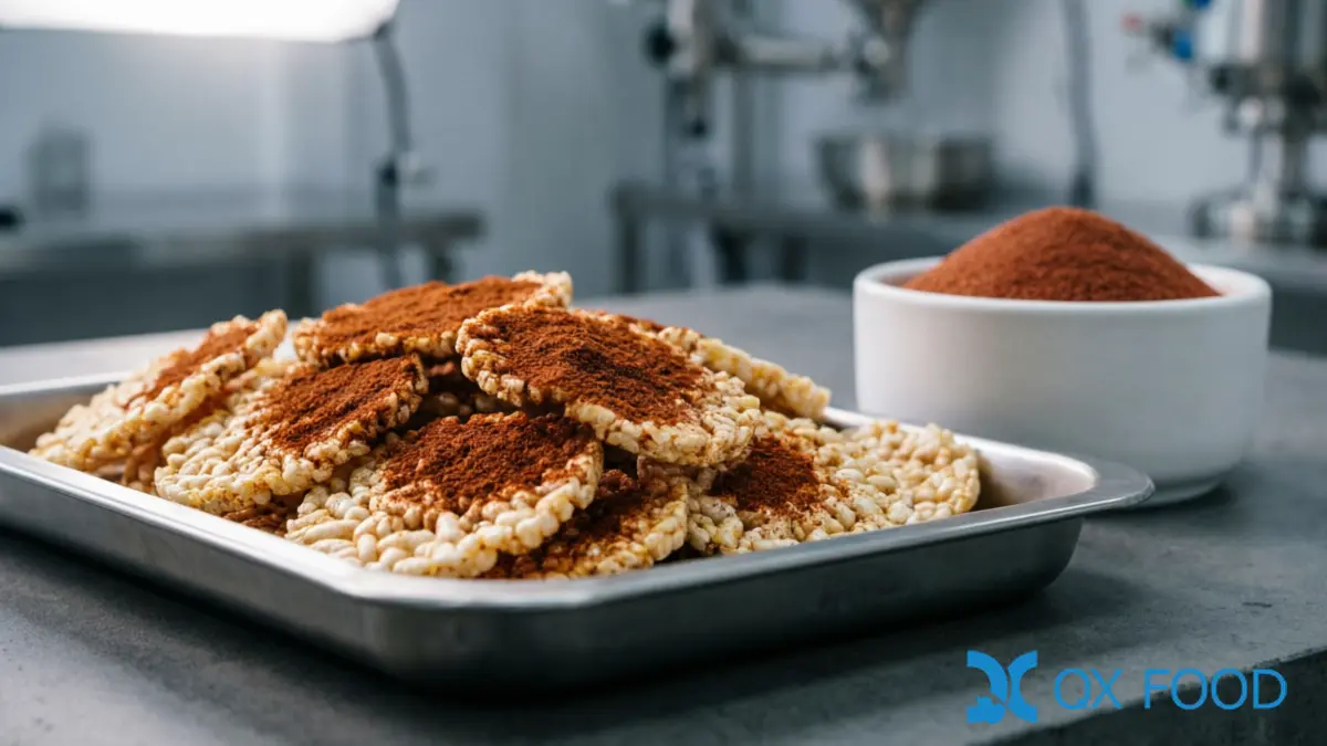 Japanese-Style Brewed Soy Sauce Powder FSP-BH ; High Nitrogen, Ester Aroma | QXFOOD 3 Puffed rice crackers coated with soy sauce seasoning powder on stainless steel tray showing reddish-brown surface color from Japanese-style brewed soy sauce powder application