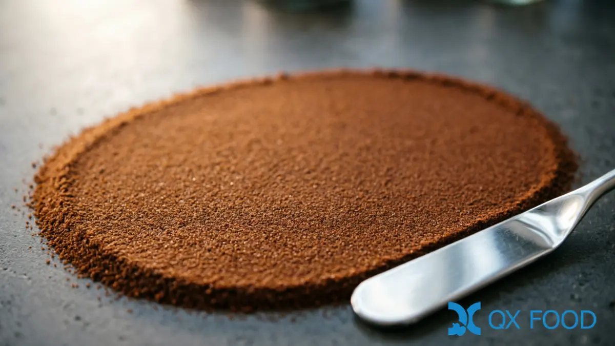 Japanese-Style Brewed Soy Sauce Powder FSP-BH ; High Nitrogen, Ester Aroma | QXFOOD 2 Macro close-up of reddish-brown Japanese-style brewed soy sauce powder texture on dark surface showing fine uniform particle size