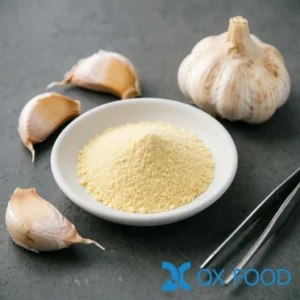 Dehydrated garlic powder GP-W04 pale yellow fine powder in white ceramic sample dish on dark surface with whole garlic bulbs and cloves scattered nearby