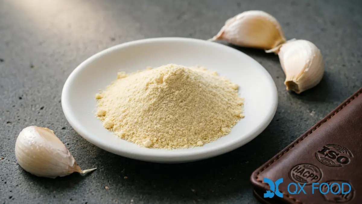 Quality documentation folder and ISO HACCP HALAL certificate seals beside dehydrated garlic powder sample in white ceramic dish on dark industrial desk with garlic cloves scattered