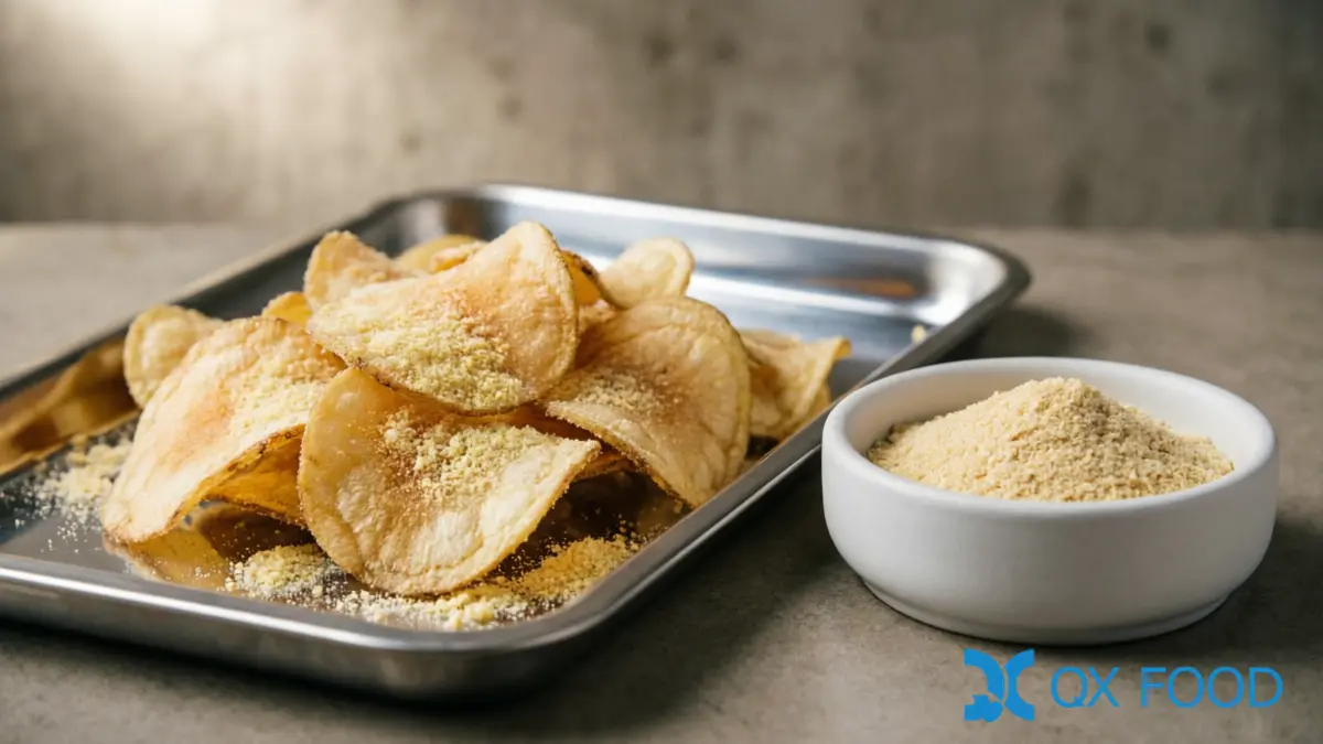 Savory snack chips or extruded snacks with visible garlic seasoning coating on stainless steel tray beside dehydrated garlic powder sample dish on dark surface