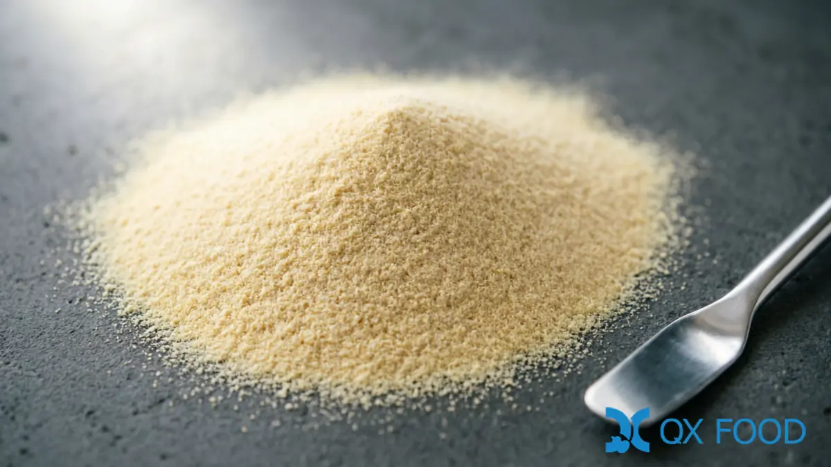 Macro close-up of dehydrated garlic powder texture showing pale yellow color with fine uniform particles on dark surface with laboratory spatula