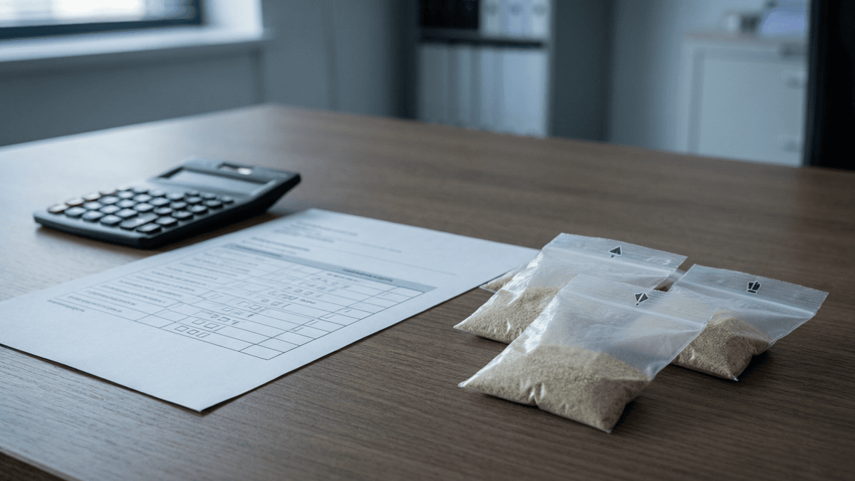 Certificate of analysis with calculator and sample bags during HVP grade review