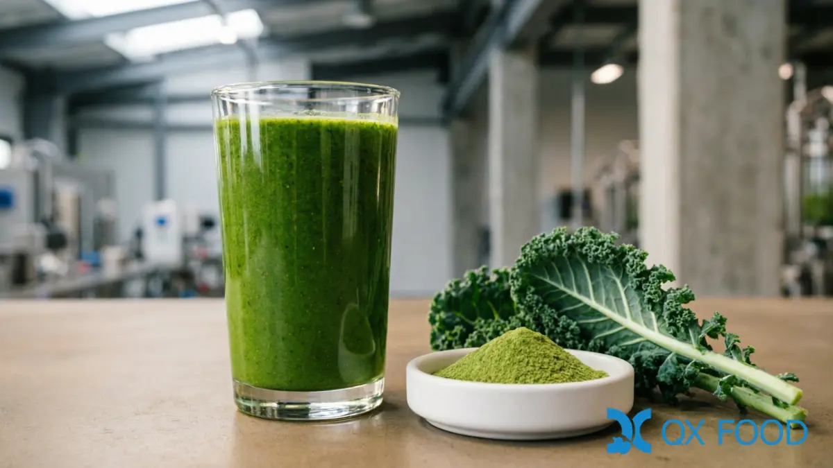 Kale Powder KP-W43 ; Low-Temperature Dehydrated, High-Fiber for Food Manufacturing | QXFOOD 4 Green smoothie in glass with bright green color beside kale powder sample dish and fresh kale leaves on dark surface