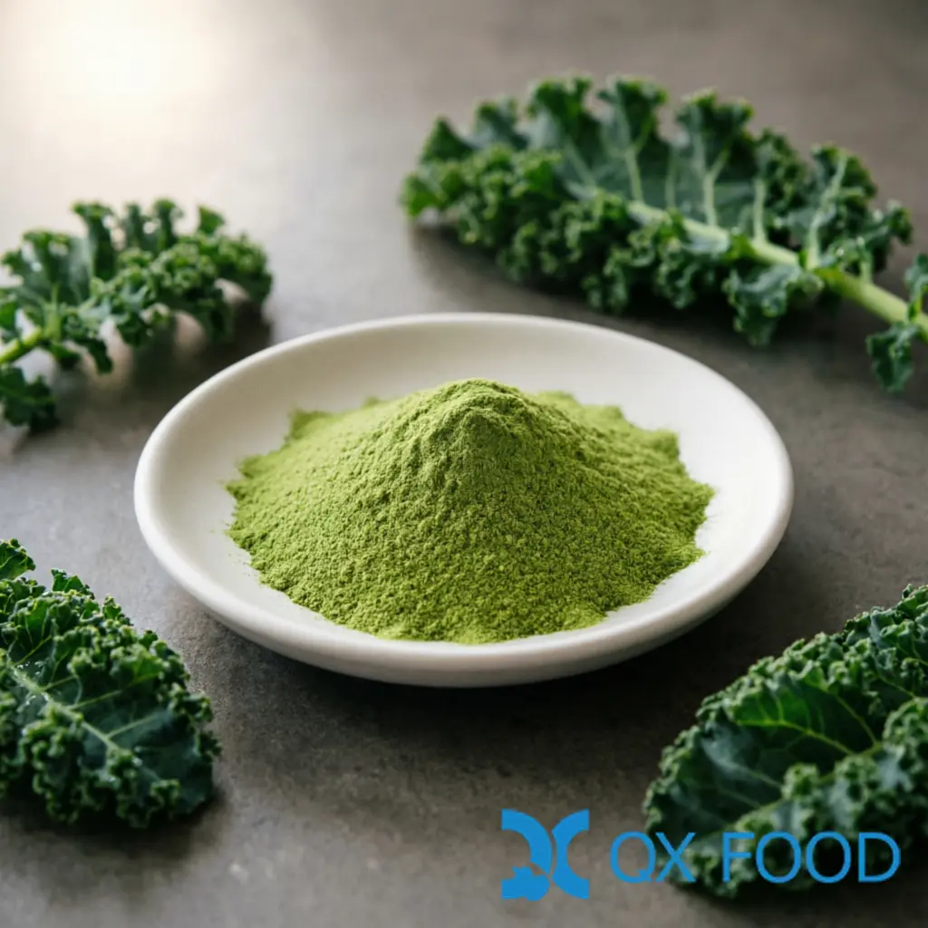 Kale Powder KP-W43 ; Low-Temperature Dehydrated, High-Fiber for Food Manufacturing | QXFOOD 1 Kale powder KP-W43 bright fresh green fine powder in white ceramic sample dish on dark surface with fresh kale leaves scattered nearby