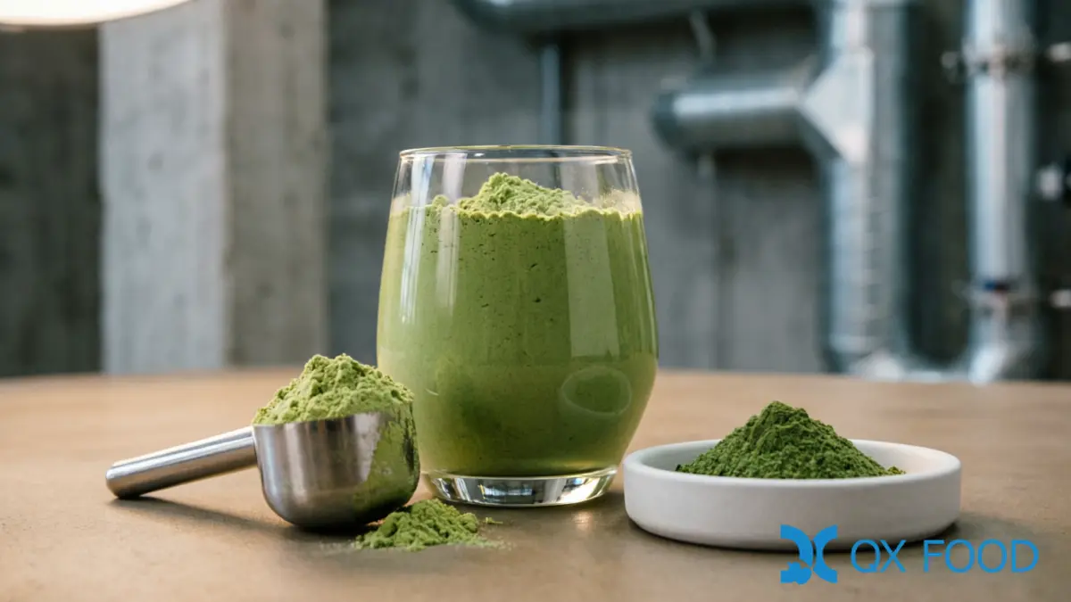 Kale Powder KP-W43 ; Low-Temperature Dehydrated, High-Fiber for Food Manufacturing | QXFOOD 3 Meal replacement shake with protein powder scoop and kale powder sample dish showing green nutrition powder blend on dark surface