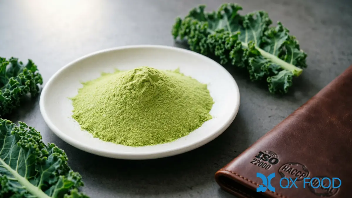 Kale Powder KP-W43 ; Low-Temperature Dehydrated, High-Fiber for Food Manufacturing | QXFOOD 5 Quality documentation folder and ISO HACCP HALAL certificate seals beside kale powder sample in white ceramic dish on dark industrial desk with fresh kale leaves scattered