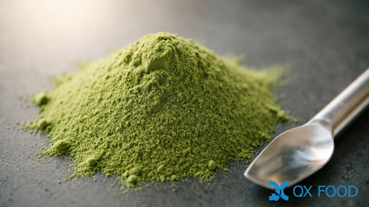 Kale Powder KP-W43 ; Low-Temperature Dehydrated, High-Fiber for Food Manufacturing | QXFOOD 2 Macro close-up of kale powder texture showing bright green color with fine uniform 80-120 mesh particles on dark surface with laboratory spatula