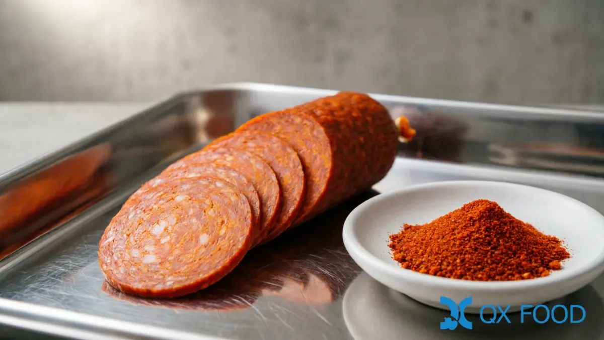 Paprika PP-C13 ; Natural Sun-Dried Sweet Pepper, Granular for Food Manufacturing | QXFOOD 3 Sliced red-tinted sausage or chorizo on stainless steel tray showing visible paprika color beside paprika sample dish on dark surface