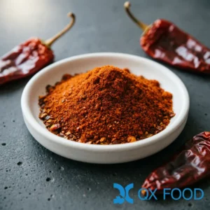 Paprika PP-C13 deep red-orange granular sweet pepper in white ceramic sample dish on dark surface with whole dried sweet peppers scattered nearby
