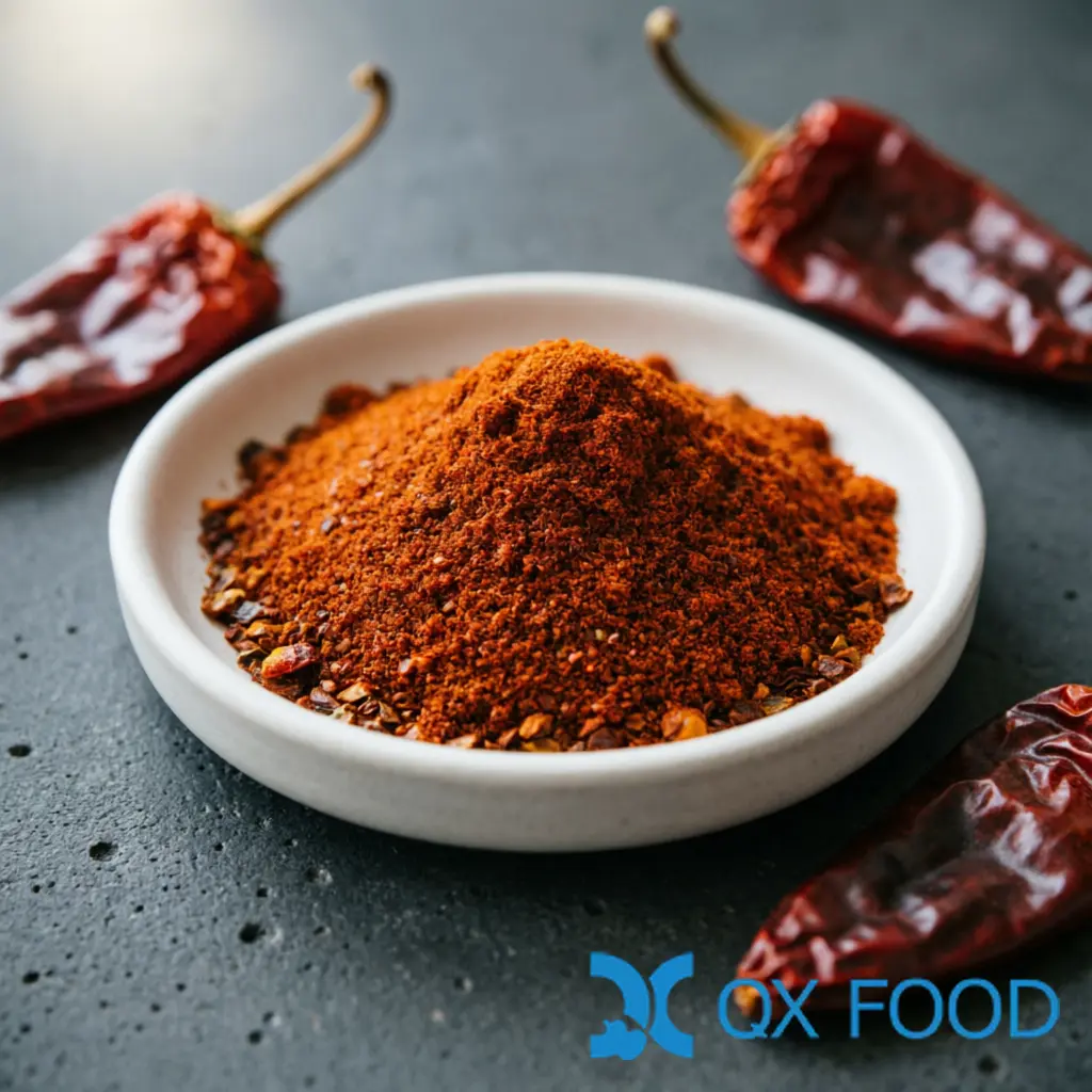 Paprika PP-C13 ; Natural Sun-Dried Sweet Pepper, Granular for Food Manufacturing | QXFOOD 1 Paprika PP-C13 deep red-orange granular sweet pepper in white ceramic sample dish on dark surface with whole dried sweet peppers scattered nearby